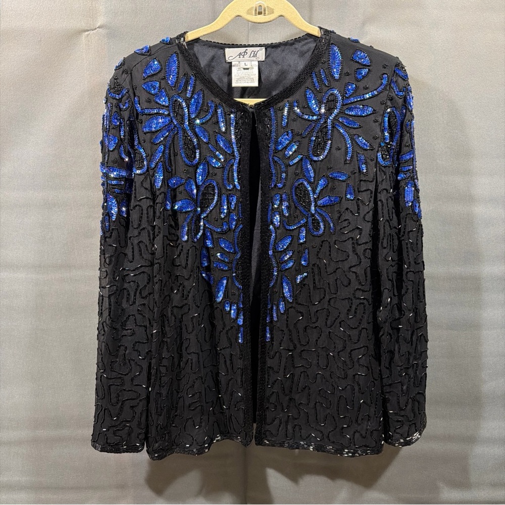 Vintage AP Ltd Black Blue 100% Silk Beaded Sequins Long Sleeve Cardigan Top Sz L